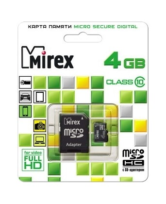 Карта памяти microSDHC с адаптером Mirex 4 GB (class 10)