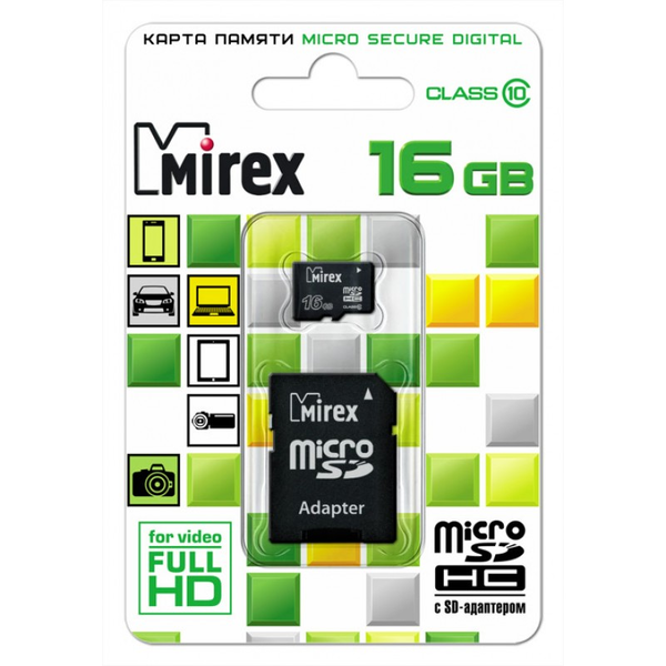 Карта памяти microSDHC с адаптером Mirex 16 GB (class 10)