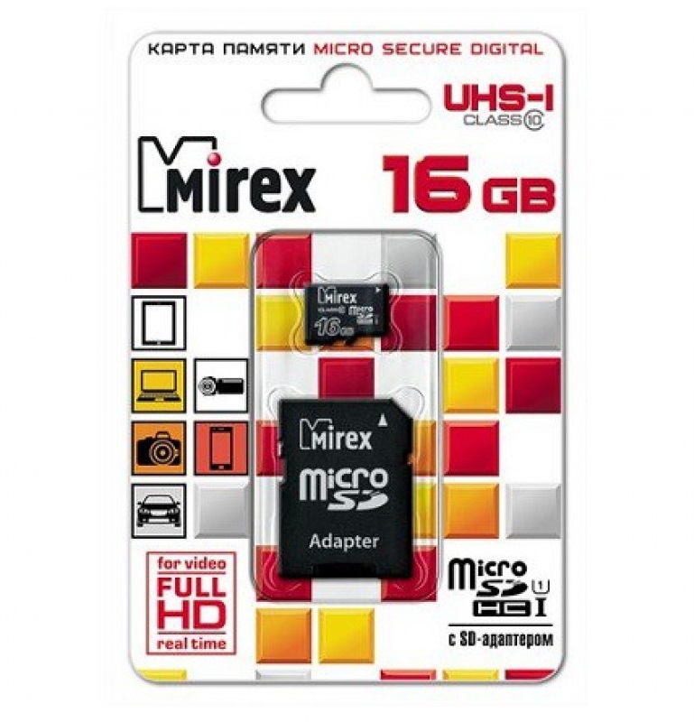 Карта памяти microSDHC с адаптером Mirex 16 GB (UHS-I. class 10)